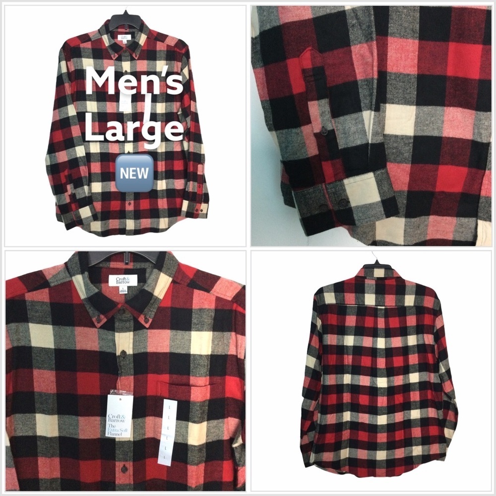 Men's Croft & Barrow Large Flannel Shirt Plaid Buffalo Red White Long Sleeve NWT